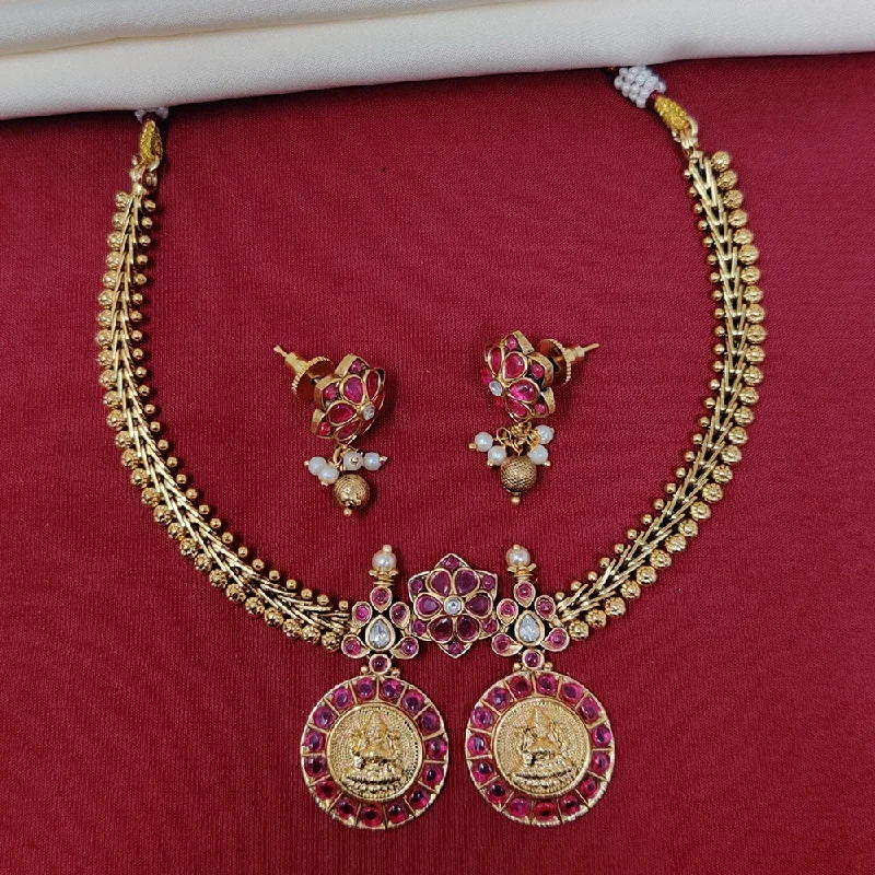 High-Quality Gold Necklaces-JCM Gold Plated Pota Stone Temple Necklace Set