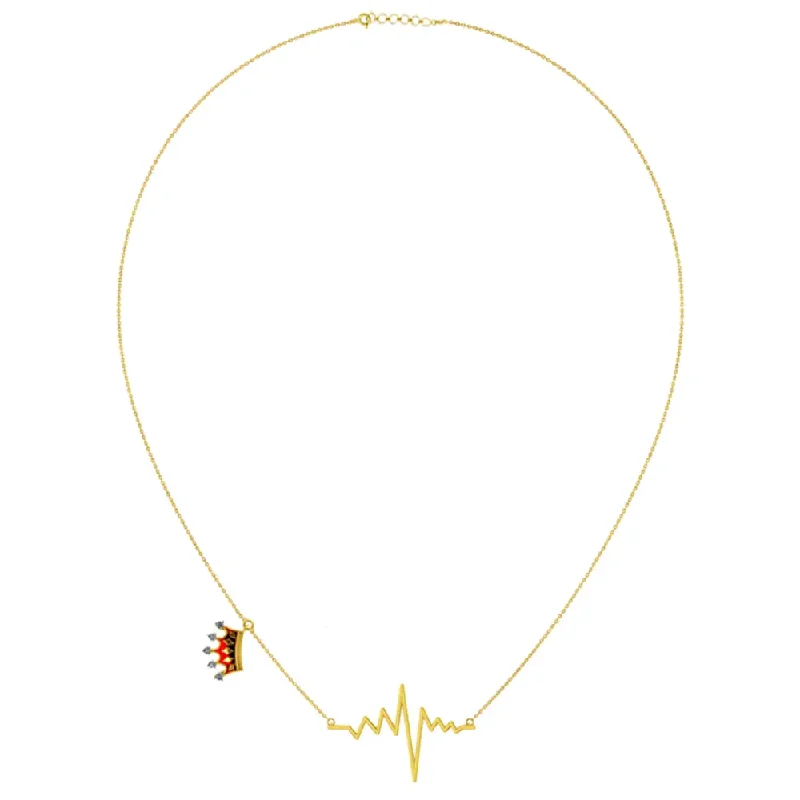 Classic Gold Necklaces-14k Gold Necklace With A Heartbeat Pendant And A Crown On A Chain