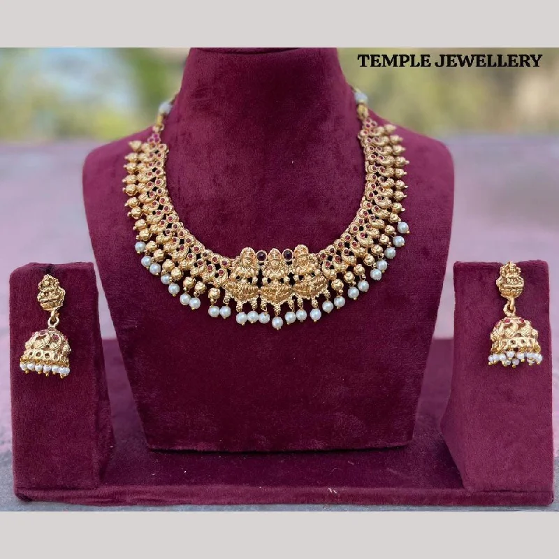 Luxury Wedding Necklaces-FS Collection Gold Plated Pota Stone Temple Necklace Set