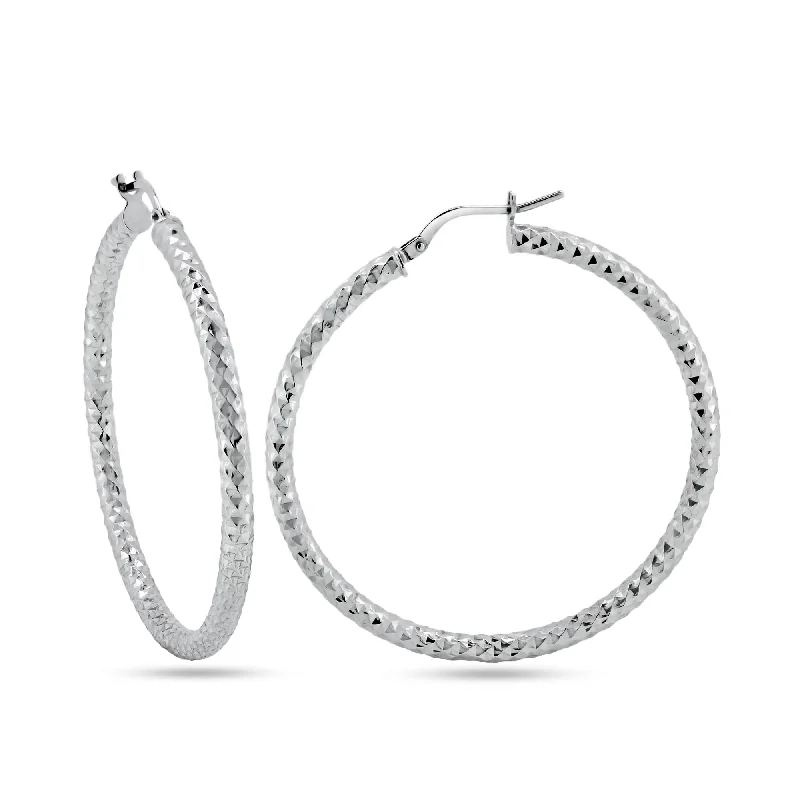 Dainty Silver Earrings-Rhodium Plated 925 Sterling Silver 3mm Diamond Cut Textured Hoop Earrings - ARE00037RH