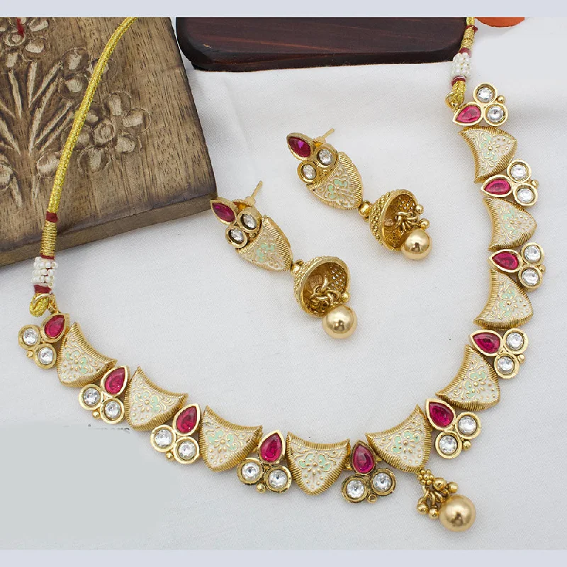 Layered Chain Necklaces-JCM Gold Plated Pota Stone Meenakari Necklace Set