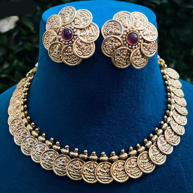 Personalized Choker Necklaces-Royal Kundan Jewellery Gold Plated Temple Necklace Set