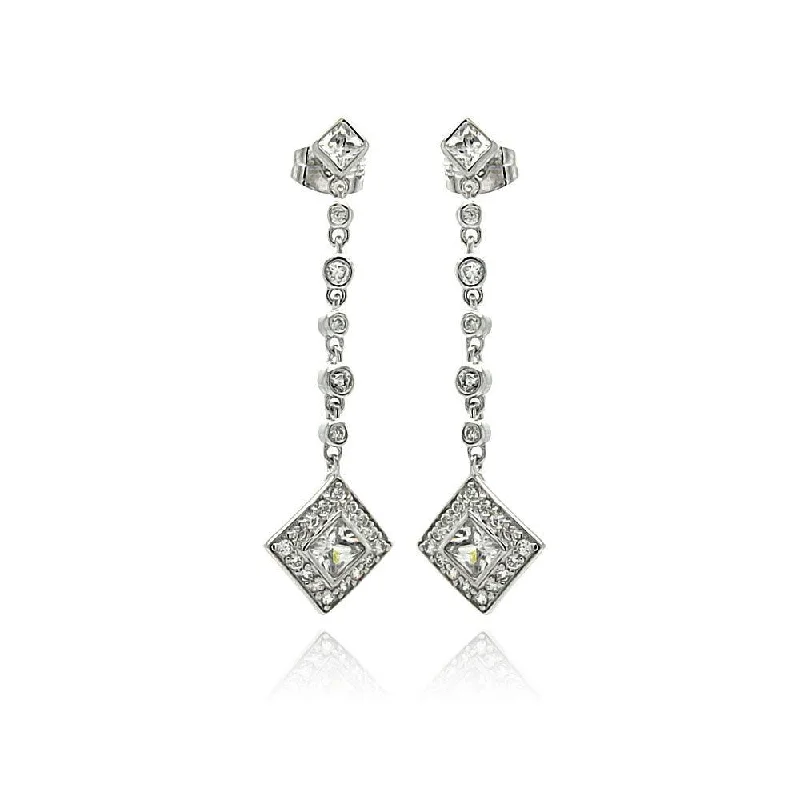 Round Silver Earrings-Silver 925 Rhodium Plated Square Round CZ Dangling Stud Earrings - BGE00248