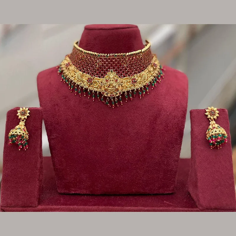 Fine Silver Necklaces-Manisha Jewellery Gold Plated Pota Stone And Pearls Temple Choker Necklace Set