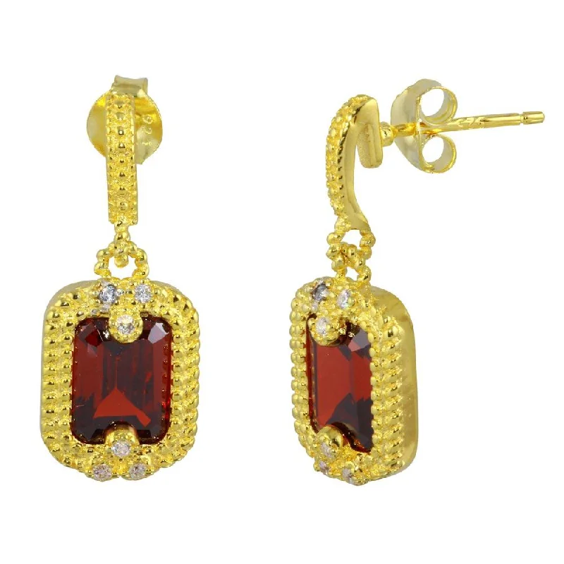 Gold Crystal Earrings-Gold Plated 925 Sterling Silver Red Rectangle Dangling Earring - BGE00561RED