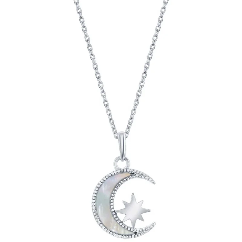 Vintage Style Necklaces-Classic Women's Necklace - Sterling Silver White MOP Crescent Moon with Star | M-6800