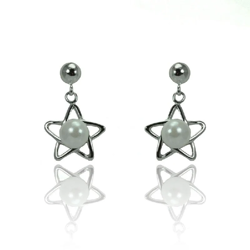 High-End Gold Earrings-Silver 925 Rhodium Plated Open Start Dangling Synthetic Pearl Stud Earrings - STE00908