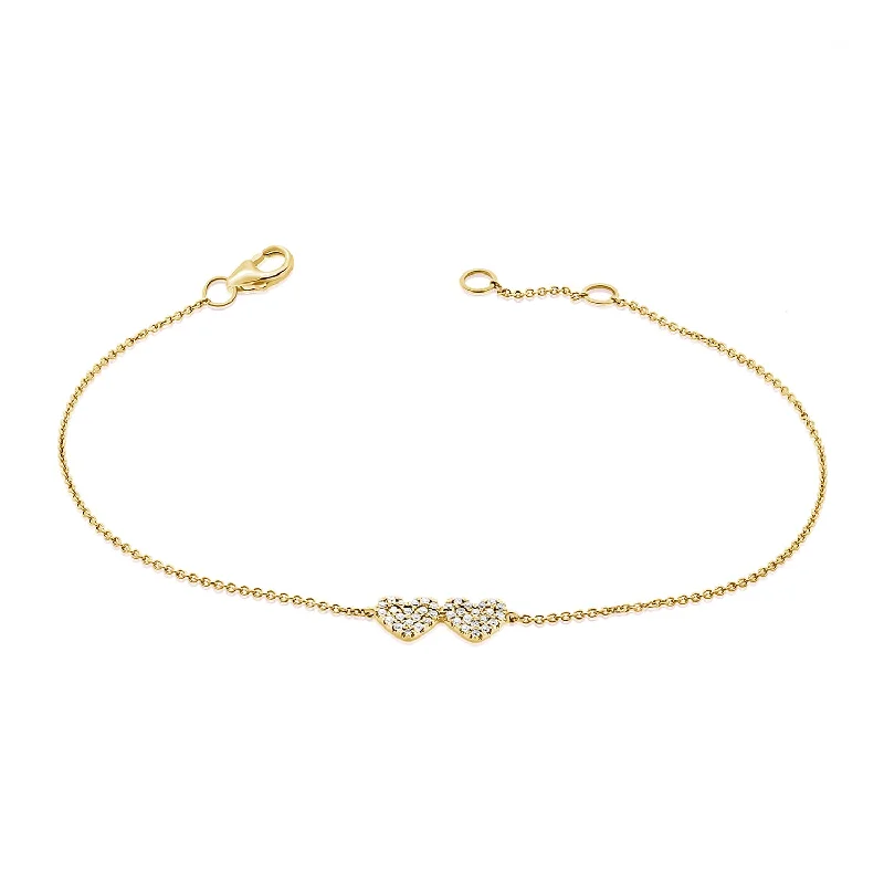 Wedding Bangle Bracelets-14K Gold Double Heart Diamond Bracelet