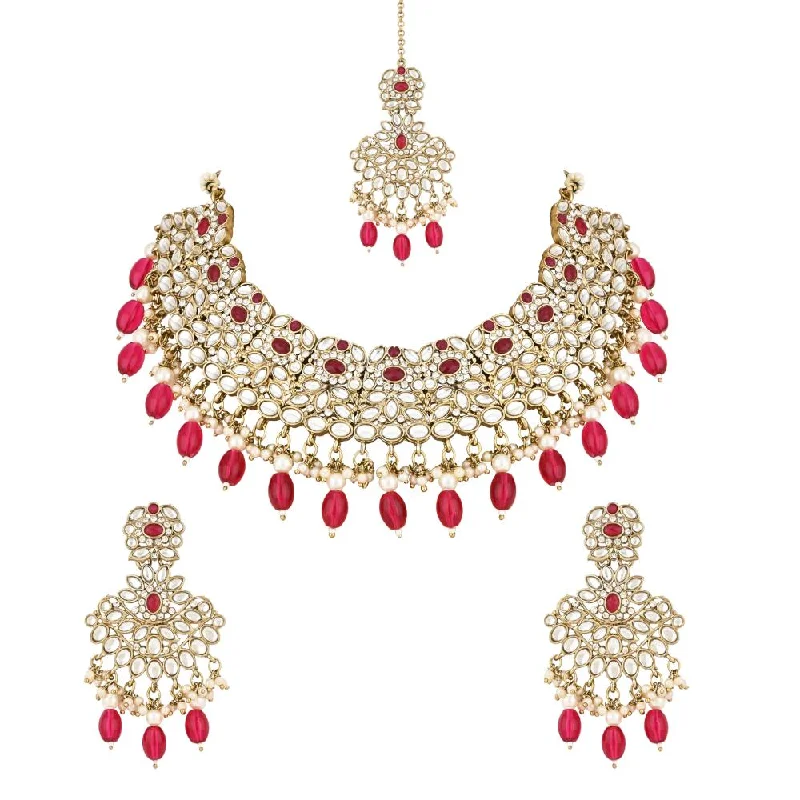 Fashionable Necklaces for Women-Etnico Gold Plated Traditional Kundan Pearl Drop Bridal Choker Necklace With Chandbali Earrings & Maang Tikka Jewellery Set For Women/Girls (K7257Q)