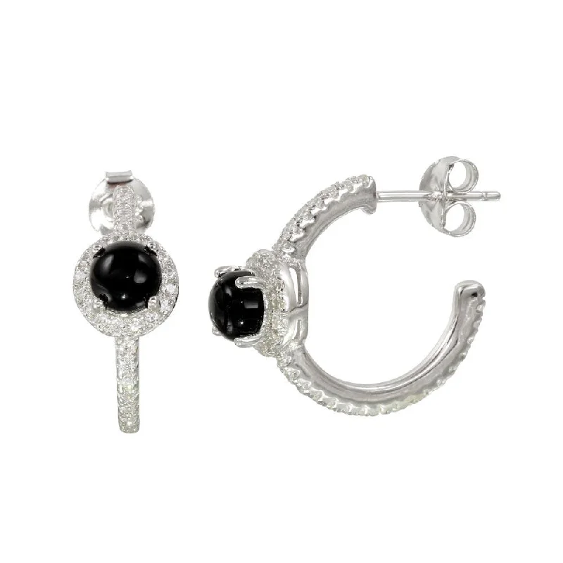 Artistic Drop Earrings-Rhodium Plated  925 Sterling Silver Semi-Hoop CZ Earrings with CZ and Black Stone - BGE00569BLK