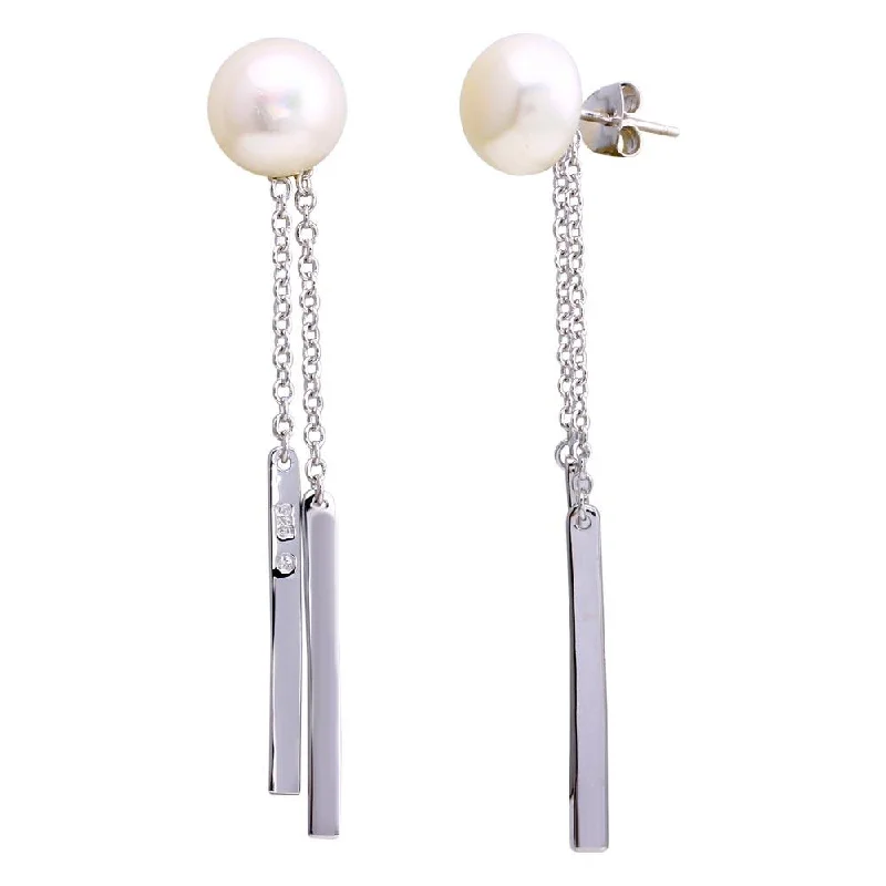 Custom Wedding Earrings-Rhodium Plated 925 Sterling Silver Fresh Water Pearl Bar Dangling Earrings - BGE00625