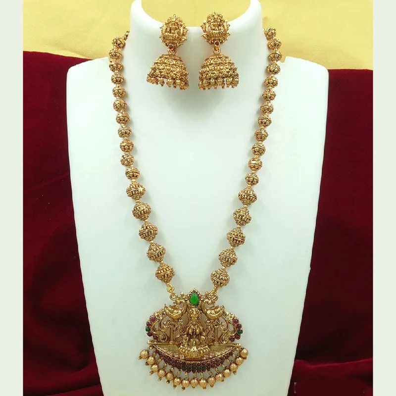 Sparkling Gold Necklaces-Joyful Jewel Art Matte Gold Plated Pota Stone Temple Long Necklace Set