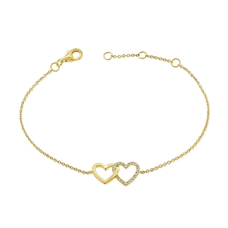 Elegant Silver Chain Bracelets-14K Gold Double Heart Bracelet with Diamonds