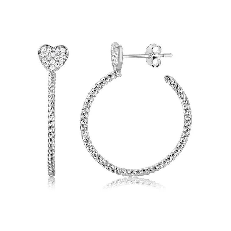 Unique Silver Stud Earrings-Silver 925 Rhodium Plated Rope Designed Semi Hoop Earrings on a CZ Heart - STE01057