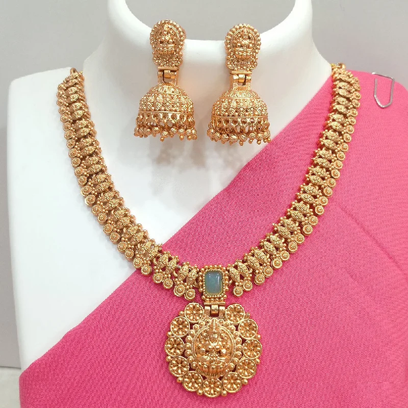 Wedding Necklaces-Joyful Jewel Art Matte Gold Plated Pota Stone Temple Necklace Set