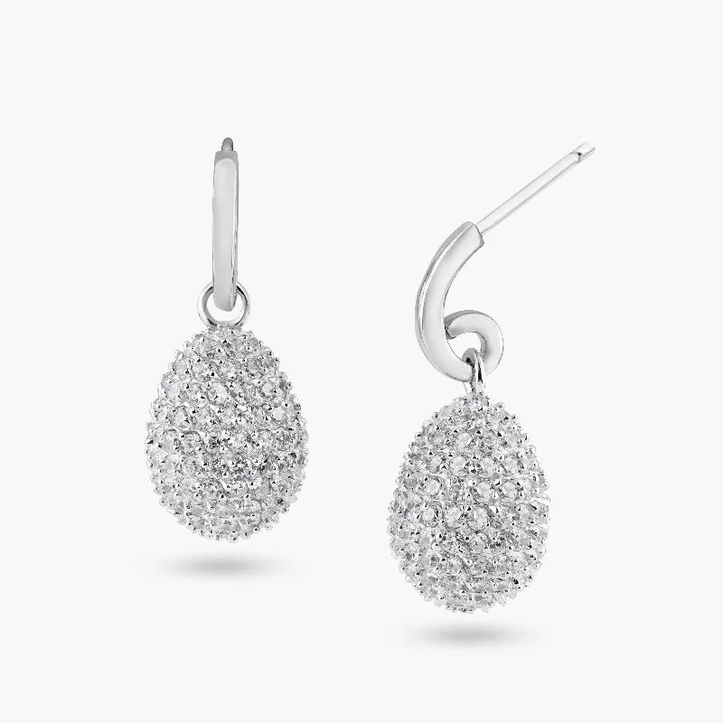 Ethnic Style Earrings-Silver 925 Rhodium Plated Oval Disco Ball Pear CZ Dangling Stud Earrings - BGE00135