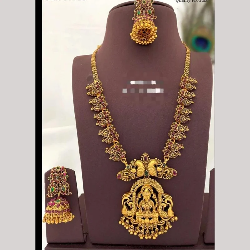 Custom Gold Necklaces-FS Collection Gold Plated Pota Stone Temple And Pearls Long Necklace Set