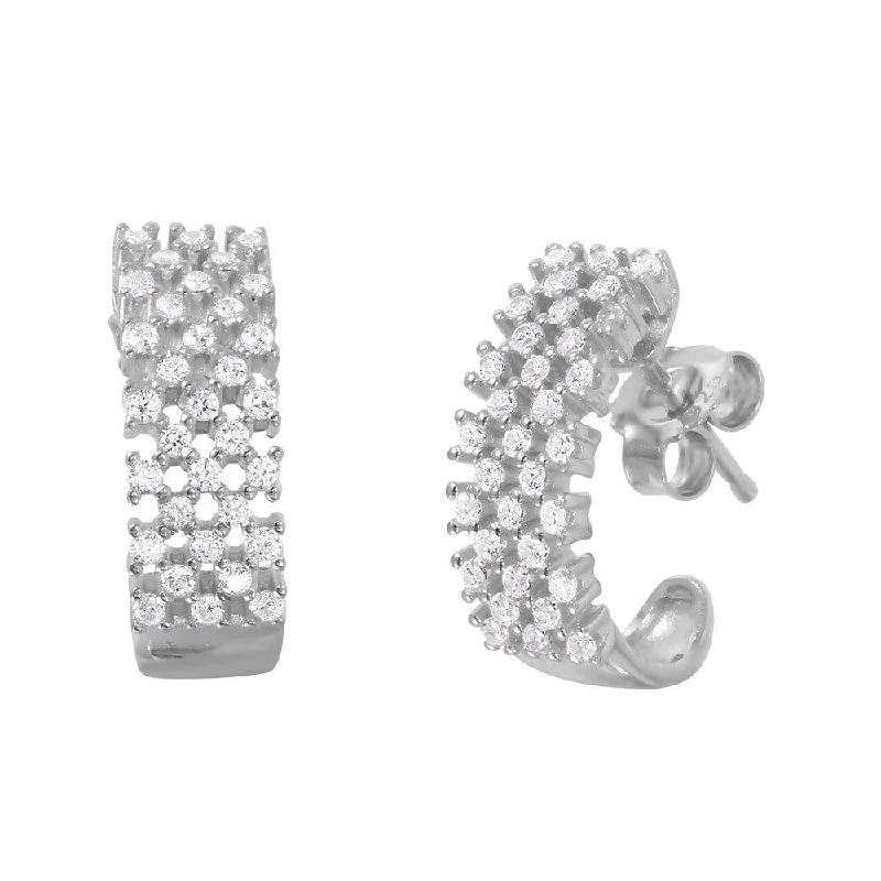 Luxury Drop Earrings-Silver 925 Rhodium Plated Checkered CZ Semi-huggie hoop Earrings - ACE00082RH