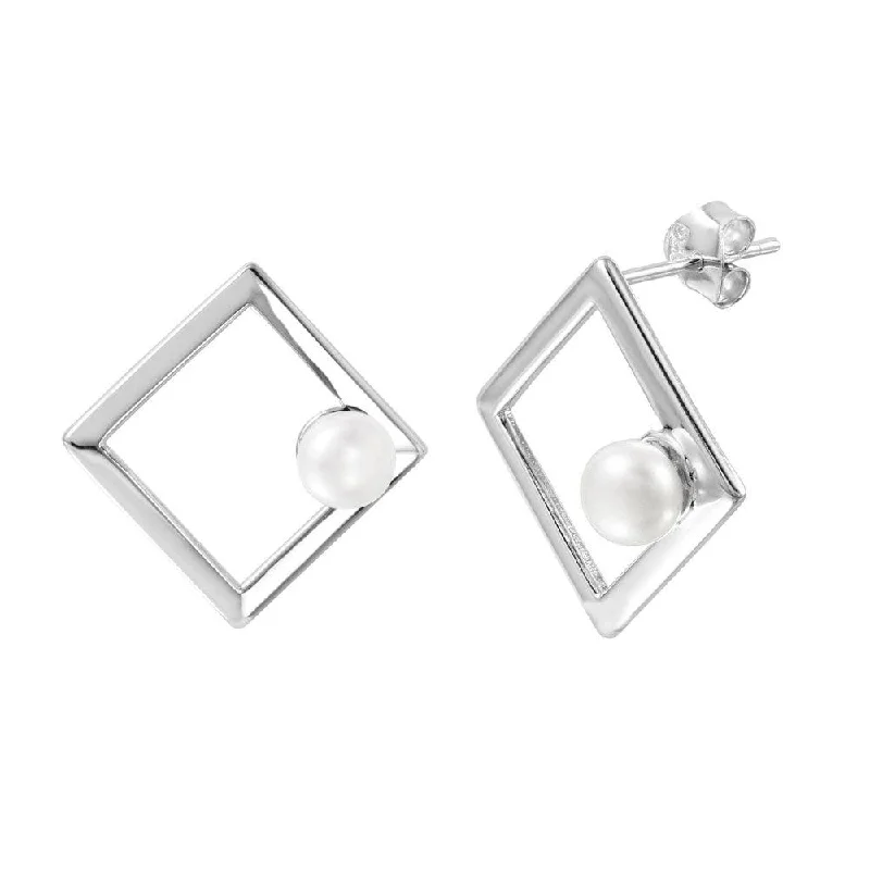 Beautiful Hoop Earrings-Silver 925 Rhodium Plated Open Square Fresh Water Pearl Stud Earrings - STE01001