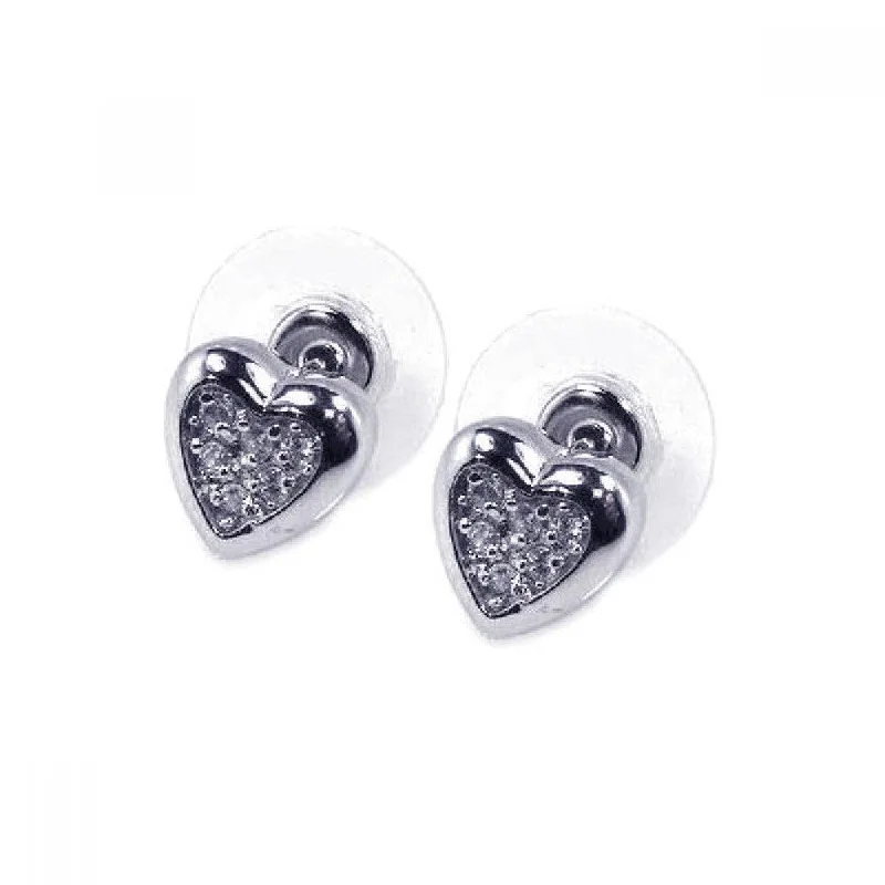 High-Quality Gold Earrings-Silver 925 Rhodium Plated Clear Heart Inlay CZ Stud Earrings - BGE00055