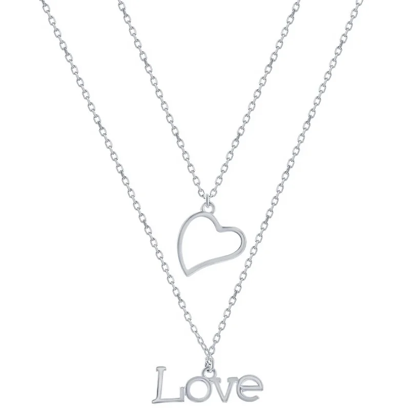 Sterling Silver Necklaces-Classic Women's Necklace - Sterling Silver Heart and 'Love' Layered | L-4371