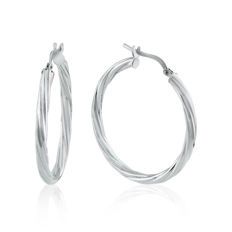 Delicate Drop Earrings-Rhodium Plated 925 Sterling Silver Silver Twisted 3mm Hoop Earring - ARE00028RH