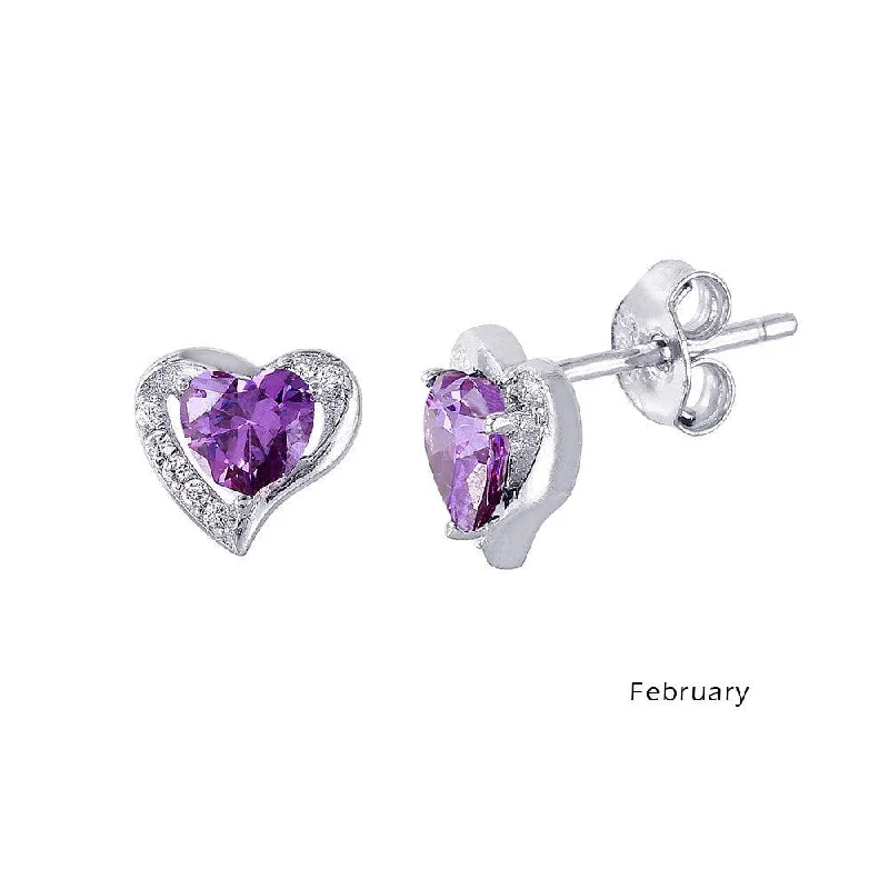 Vibrant Colorful Earrings-Rhodium Plated 925 Sterling Silver Heart with Birthstone Center Stud Earrings February - STE01028-FEB