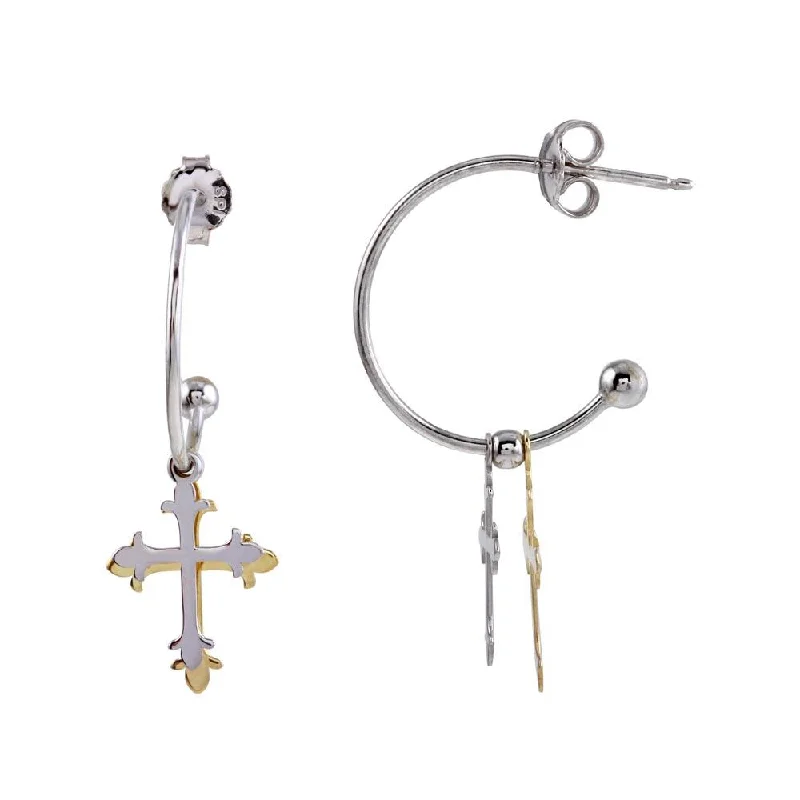 Simple Gold Hoop Earrings-Two-Tone 925 Sterling Silver Semi-Hoop Cross Earrings - SOE00004