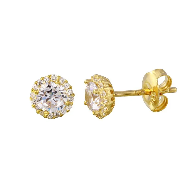 Boho Earrings for Weddings-Gold Plated 925 Sterling Silver CZ Halo Stud Earrings - GME00011GP