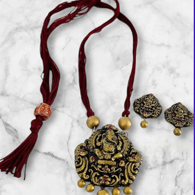 Luxurious Pendant Necklaces-VF Collection Gold Plated Terracotta Ganesh Necklace Set