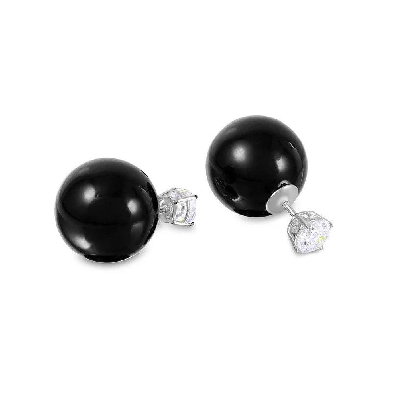 Custom Made Earrings-Silver 925 Rhodium Plated CZ Black Synthetic Pearls Front and Back Earrings - STE00994BLK