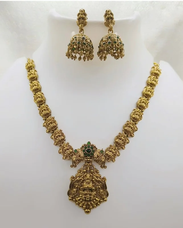 Bridal Pendant Necklaces-Joyful Jewel Art Matte Gold Plated Pota Stone Temple Necklace Set