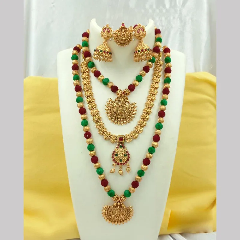 Birthstone Pendant Necklaces-Joyful Jewel Art Matte Gold Plated Pota Stone Temple Long Necklace Combo