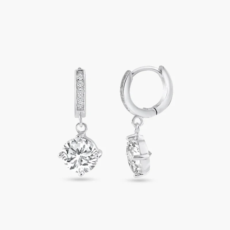 Simple Dangle Earrings-Silver 925 Rhodium Plated Round Channel CZ Dangling huggie hoop Earrings - BGE00263