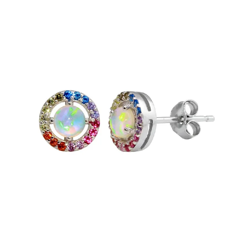 Long Dangle Earrings-Rhodium Plated 925 Sterling Silver Rainbow Multi CZ Stud Earrings 7.5mm - STE01204