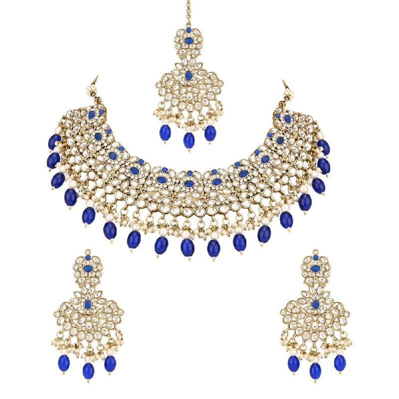 Pearl Necklace for Brides-Etnico Gold Plated Traditional Kundan Pearl Drop Bridal Choker Necklace With Chandbali Earrings & Maang Tikka Jewellery Set For Women/Girls (K7257Bl)