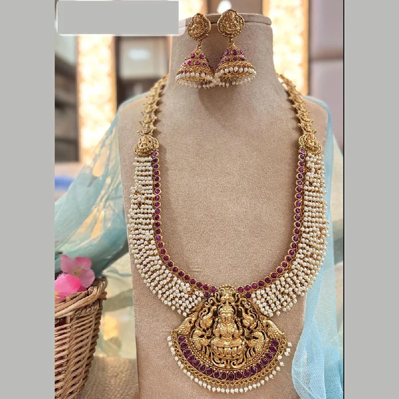 Colorful Necklace Pendants-Jewel Addiction Gold Plated Pota Stone And Pearls Temple Long Necklace Set