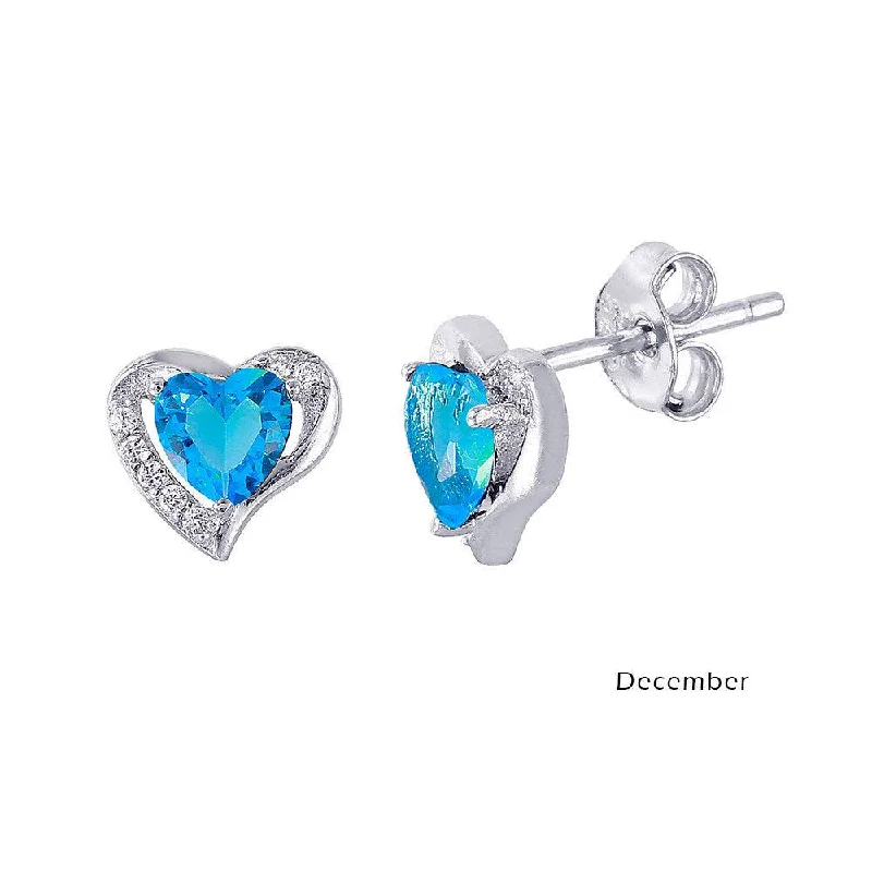 Beautiful Pearl Drop Earrings-Rhodium Plated 925 Sterling Silver Heart with Birthstone Center Stud Earrings December - STE01028-DEC