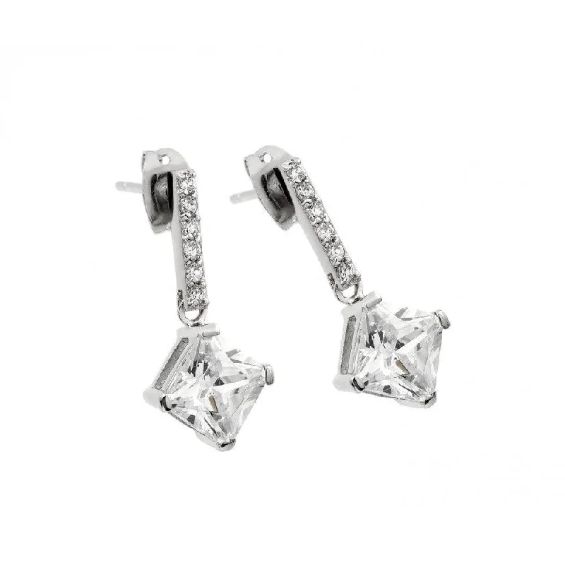 Large Gemstone Earrings-Silver 925 Rhodium Plated Square CZ Stud Earrings - BGE00426