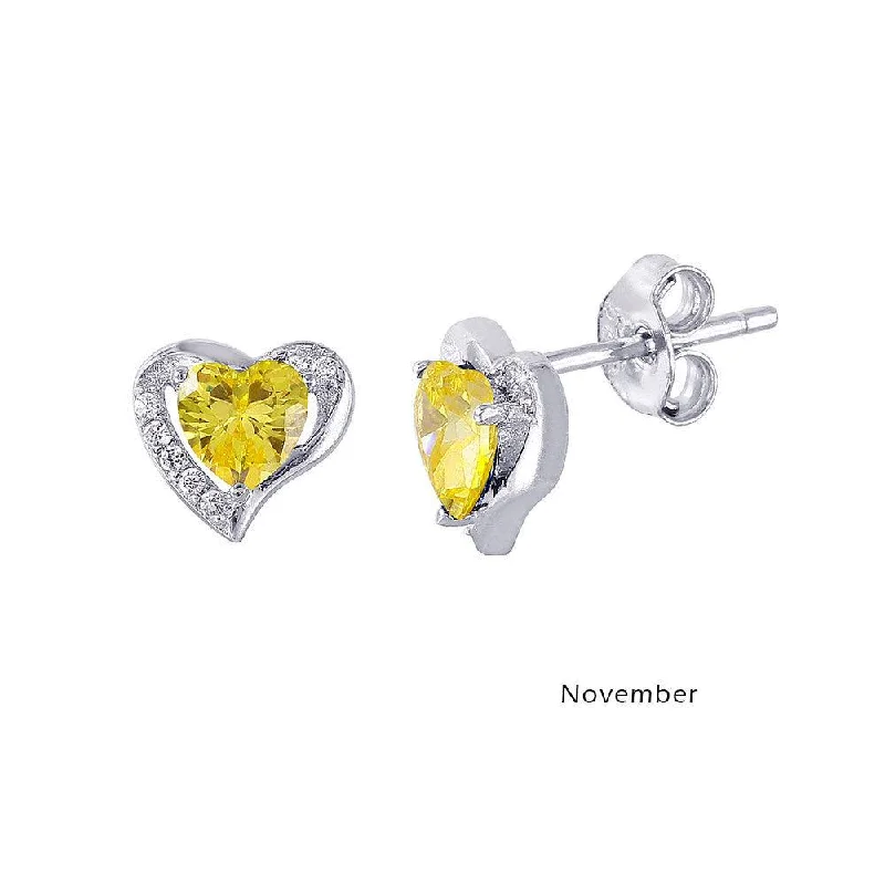 Minimalist Earrings for Women-Rhodium Plated 925 Sterling Silver Heart with Birthstone Center Stud Earrings November - STE01028-NOV