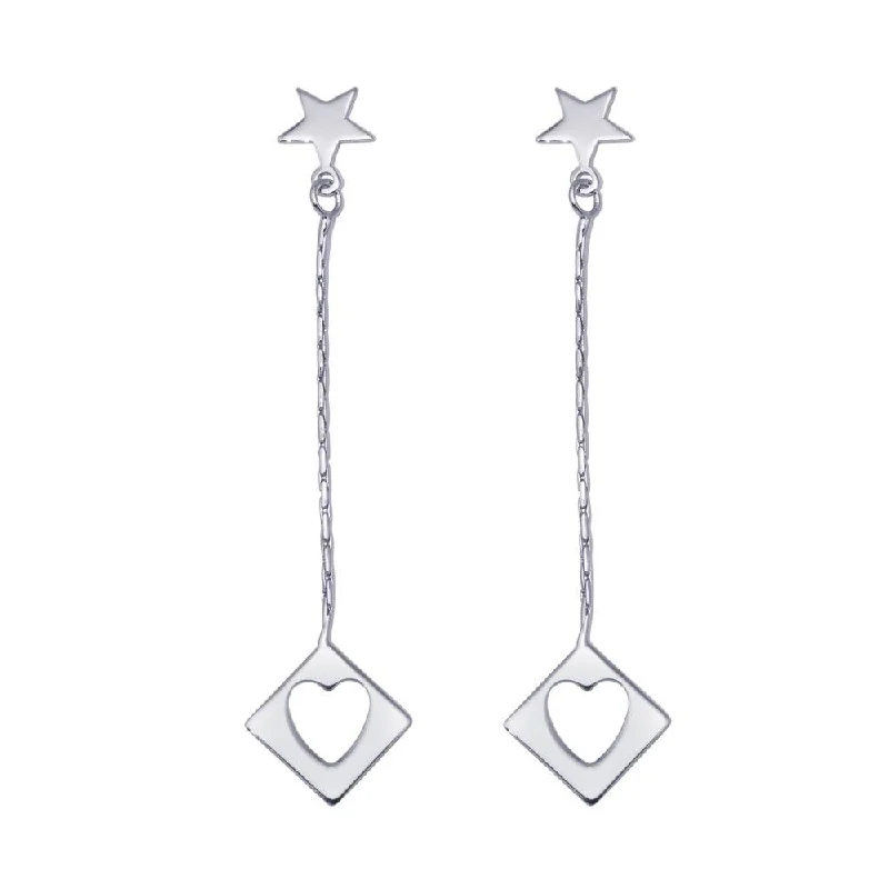 Elegant Stud Earrings-Silver 925 Rhodium Plated Wired Dangling Square Open Heart Stud Earrings - DSE00028