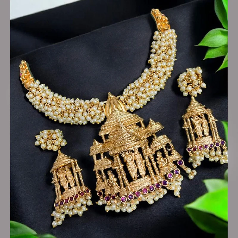 Vintage Gold Necklaces-Sona Creation Gold Plated Pota Stone And Pearls Ram Mandir Necklace Set