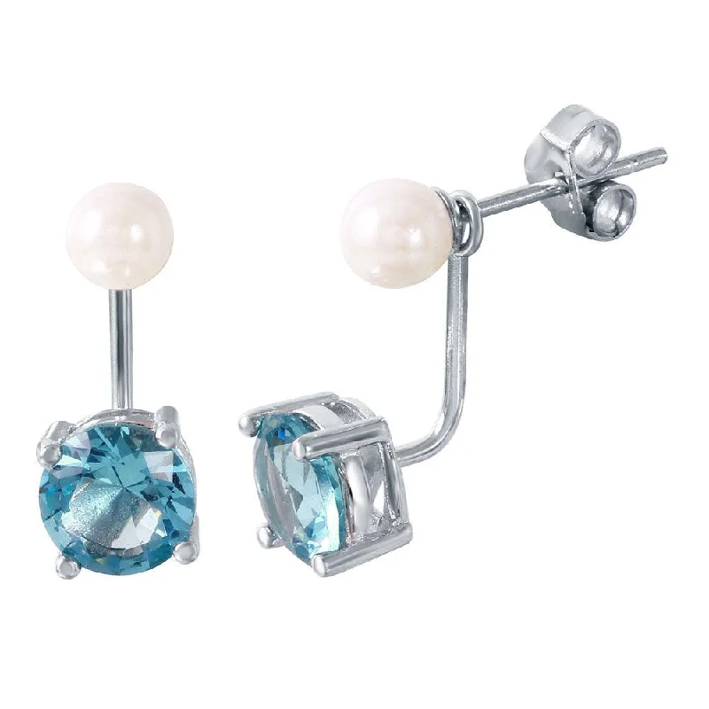 Beautiful Pearl Drop Earrings-Rhodium Plated 925 Sterling Silver Pearl Light Blue Front and Back Earrings - STE00990MAR