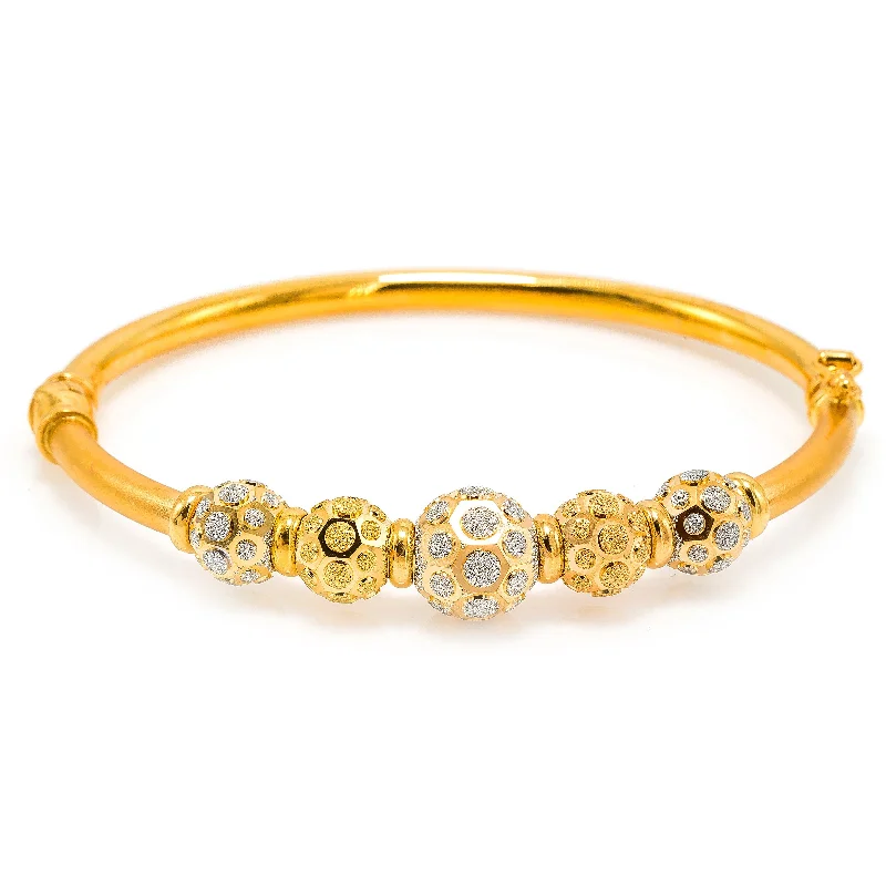 Wedding Bangles for Women-22K Multi Tone Gold Bangle W/ Yellow & White Gold Circular Glass Blast Details on 5 Accent Balls