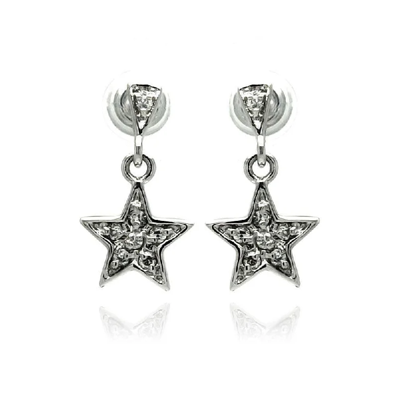 Large Silver Hoop Earrings-Silver 925 Rhodium Plated Star CZ Inlay Dangling Stud Earrings - BGE00236