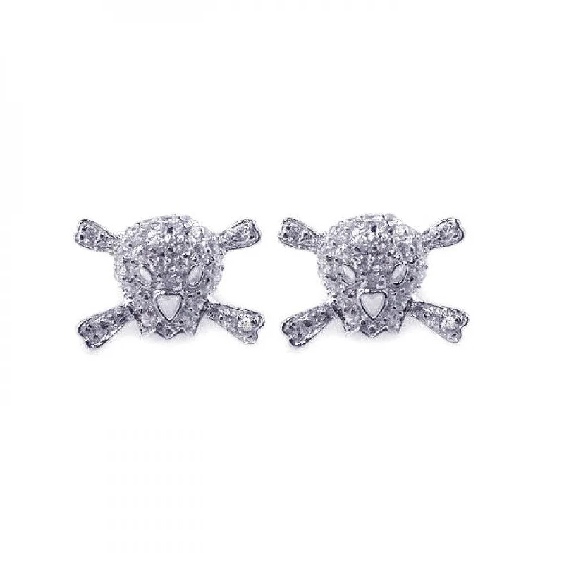 Customizable Earrings-Silver 925 Rhodium Plated Skull CZ Stud Earrings - STE00525