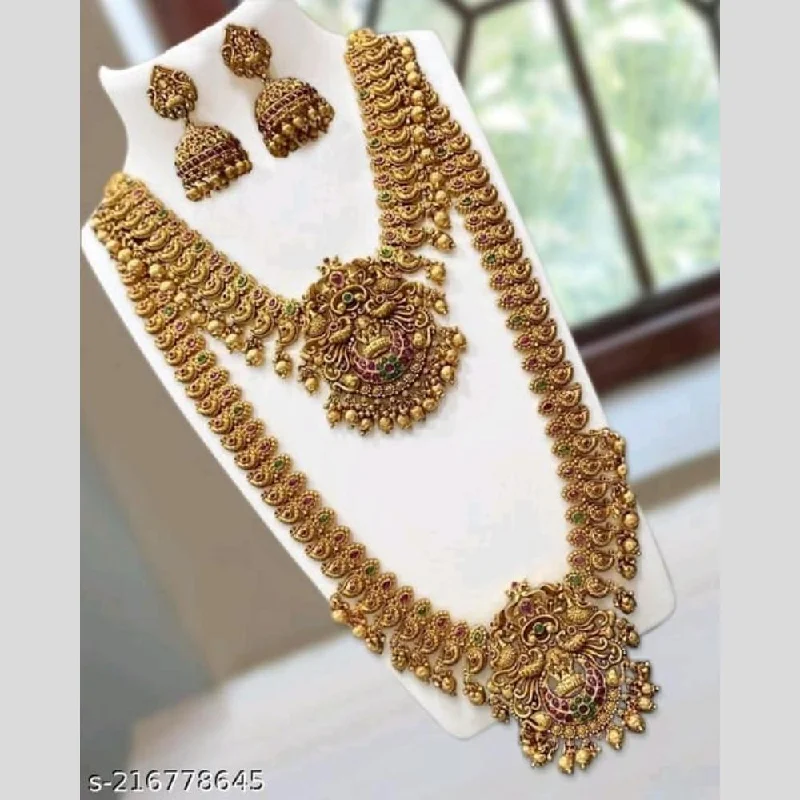 Gold Choker Necklaces-Manisha Jewellery Gold Plated Pota Stone Temple Double Necklace Set