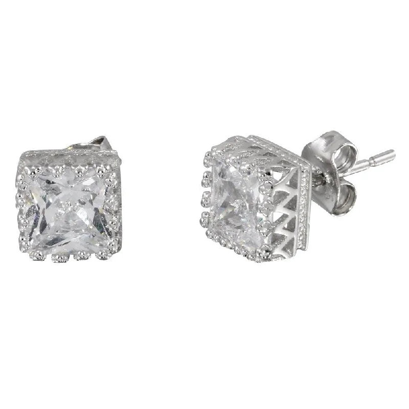 Boho Earrings for Weddings-Rhodium Plated 925 Sterling Silver Square Solitaire CZ Earrings - STE01088