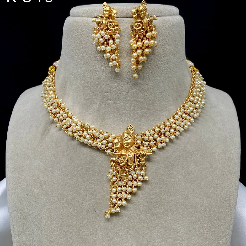 Trendy Birthstone Necklaces-Royal Kundan Jewellery Gold Plated Pearls Temple Necklace Set