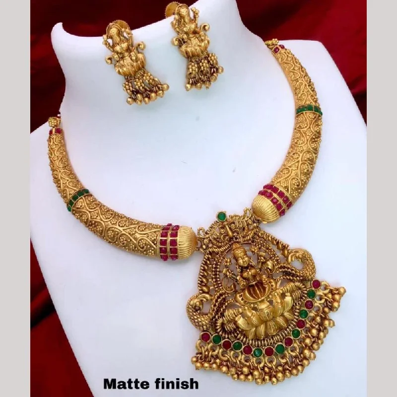 Sparkling Gold Necklaces-FS Collection Gold Plated Pota Stone Temple Necklace Set